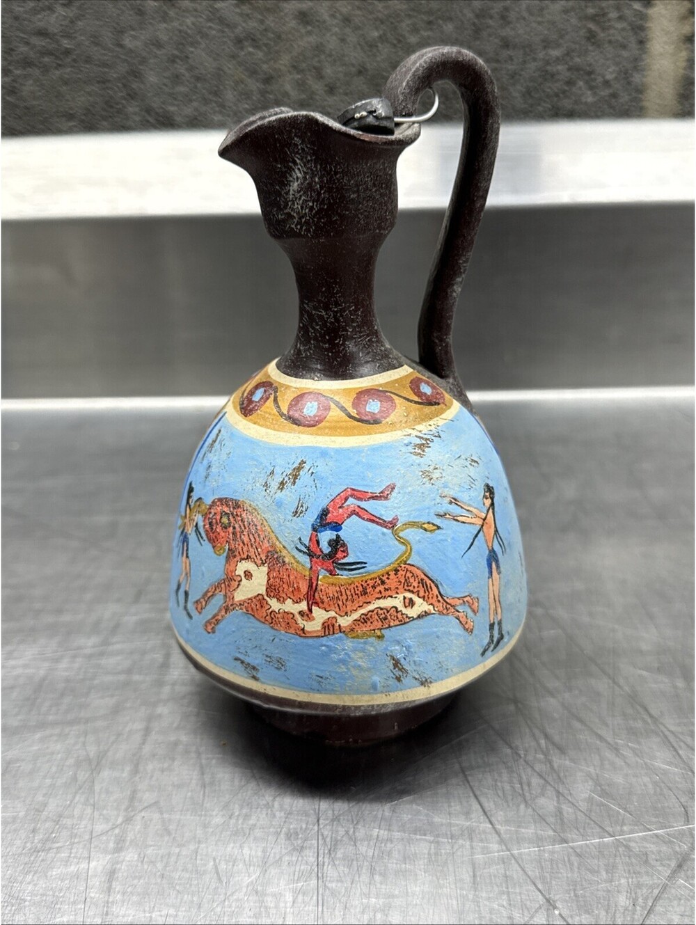 VTG RARE Artisan Made Ceramic Pitcher W/ Hand Painted Minoan Bull Leaping Mural